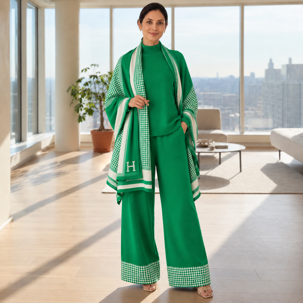Woman wearing green knit co-ord set with houndstooth statement shawl