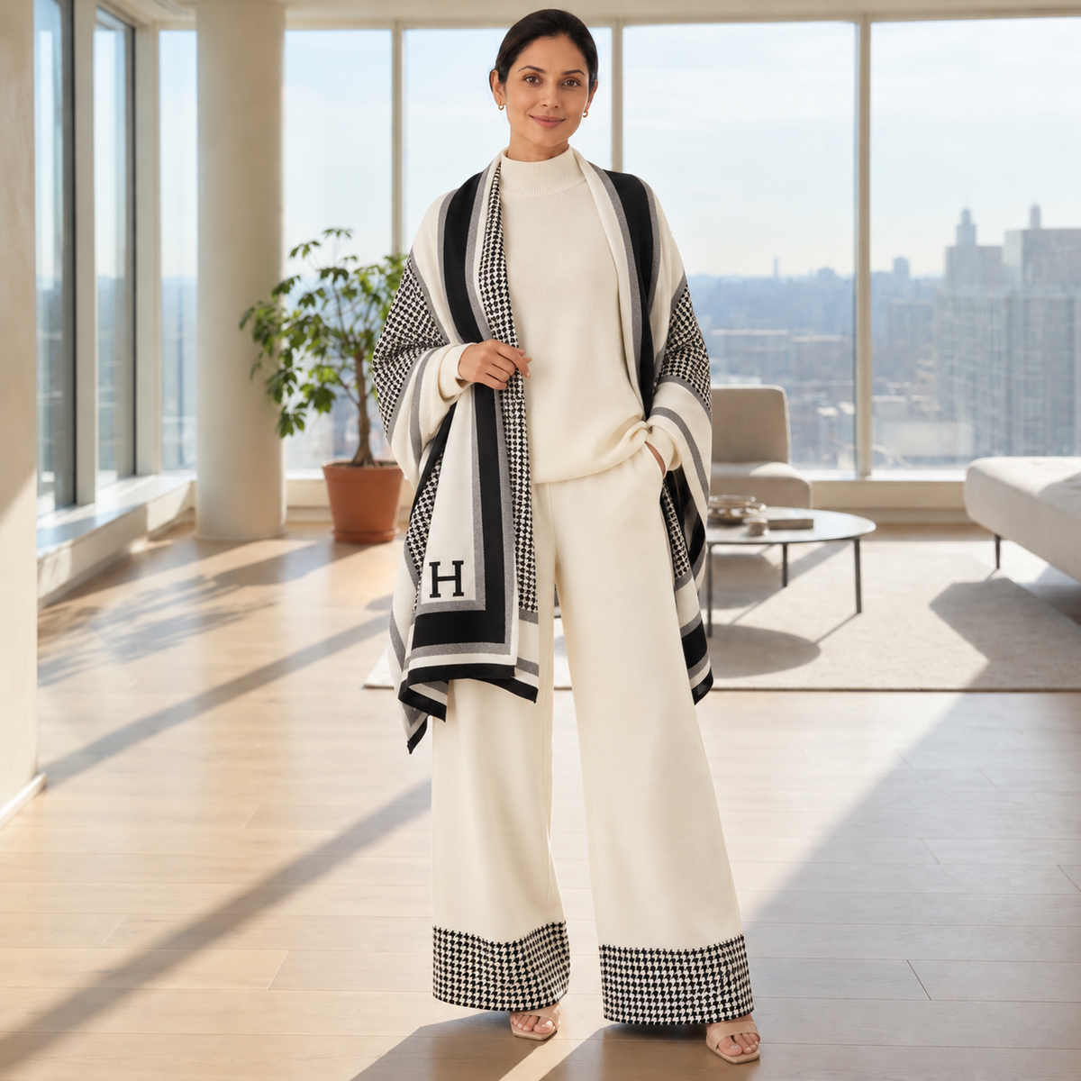 Woman wearing ivory knit co-ord set with monochrome houndstooth shawl