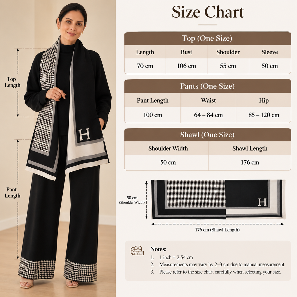 Free size houndstooth knit co-ord set size chart with garment measurements