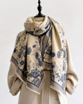 Heritage Meadow Toile de Jouy Inspired Scarf showing sophisticated slate-blue botanical print on cream faux cashmere base

