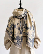 Heritage Meadow Toile de Jouy Inspired Scarf showing sophisticated slate-blue botanical print on cream faux cashmere base
