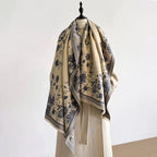 Heritage Meadow Toile de Jouy Inspired Scarf draped showing full botanical print detail in slate blue on cream faux cashmere
