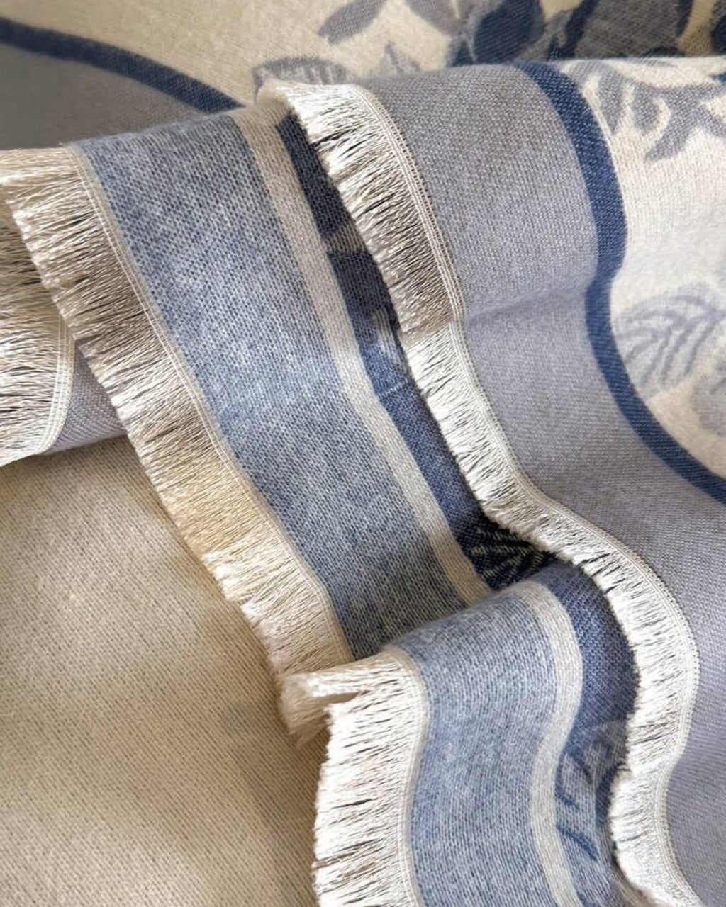 Close-up of Heritage Meadow Toile de Jouy Inspired Scarf showing faux cashmere fabric texture with detailed slate-blue botanical toile print
