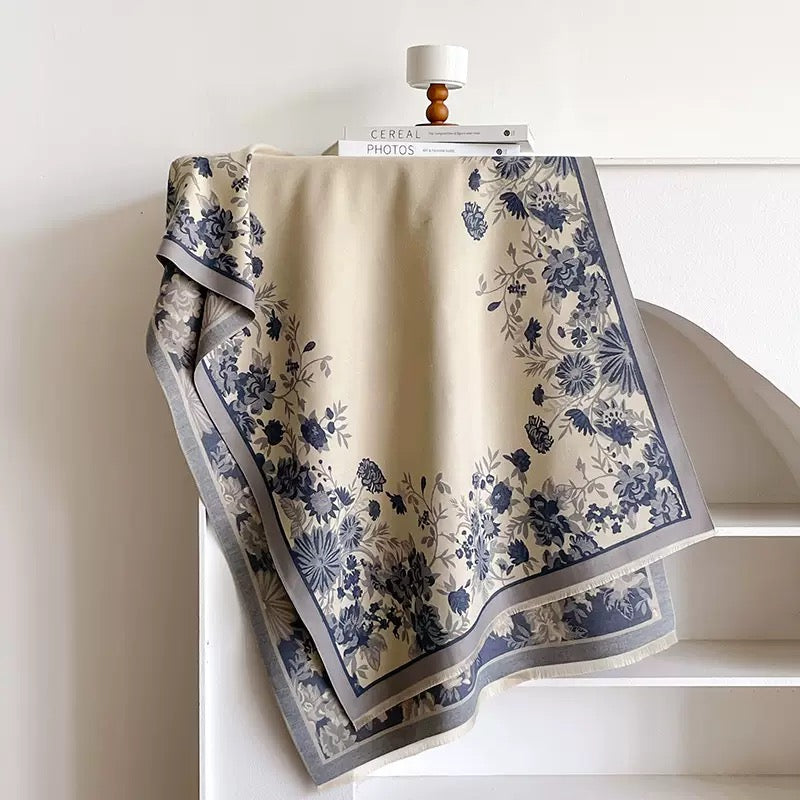 Heritage Meadow Toile de Jouy Inspired Scarf laid flat showing full slate-blue botanical toile de jouy pattern on cream faux cashmere fabric
