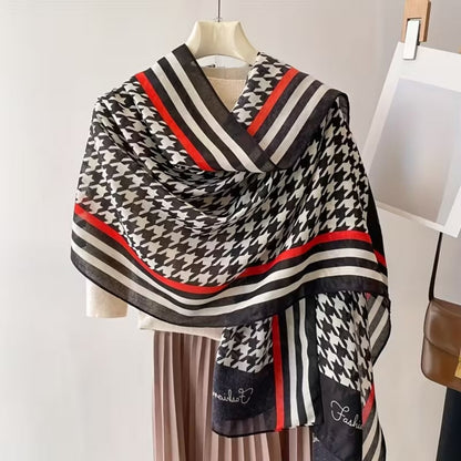 Houndstooth pattern viscose cotton stole flat lay showing red stripe border detail - 180x90 cm scarf