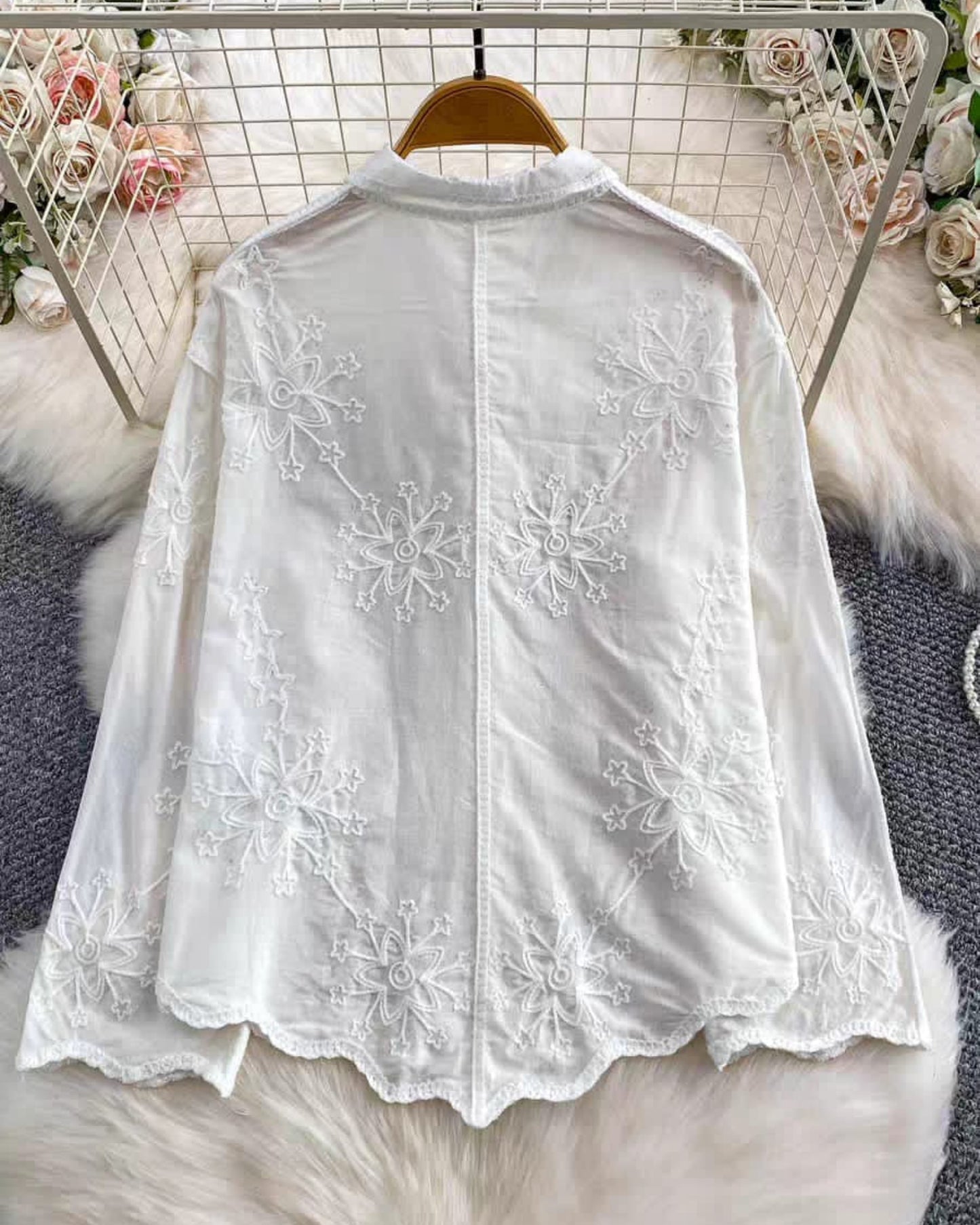 Ivory linen cotton button-down blouse with silver accents and floral embroidery - embroidered shirt
