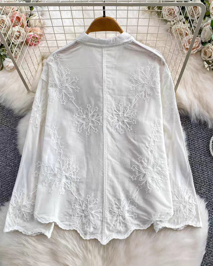 Ivory linen cotton button-down blouse with silver accents and floral embroidery - embroidered shirt