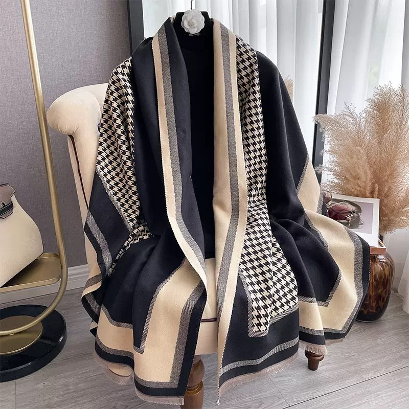 The Kensington Houndstooth Wrap showing full classic two-tone houndstooth pattern on soft faux cashmere fabric in 185x65cm wrap format
