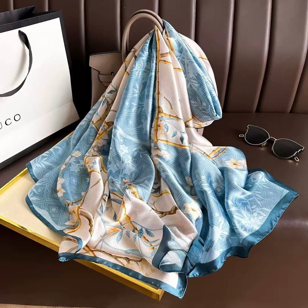 Liora Bamboo Blossom Scarf hanging showing bamboo and floral print