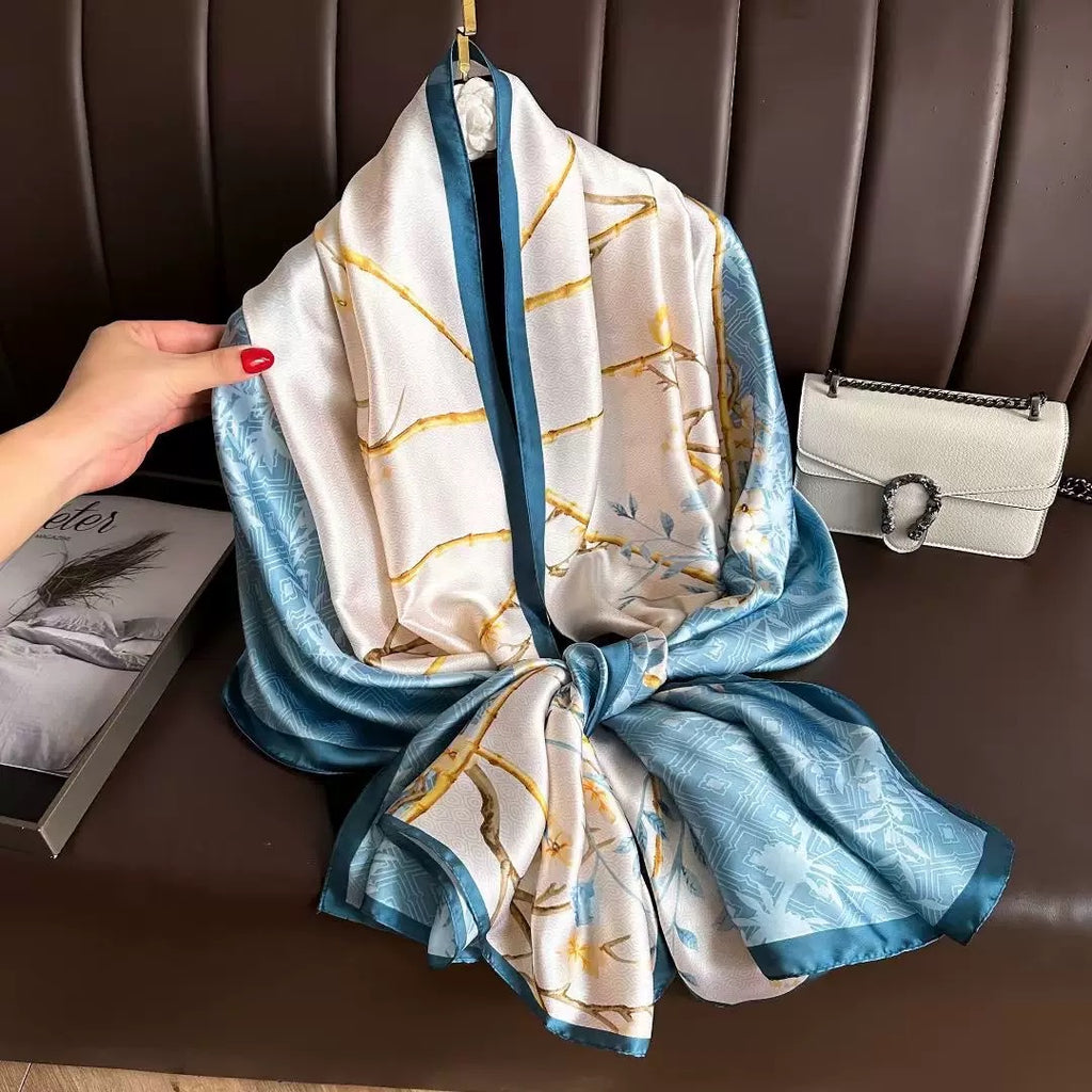 Liora Bamboo Blossom Scarf tied and draped with accessories