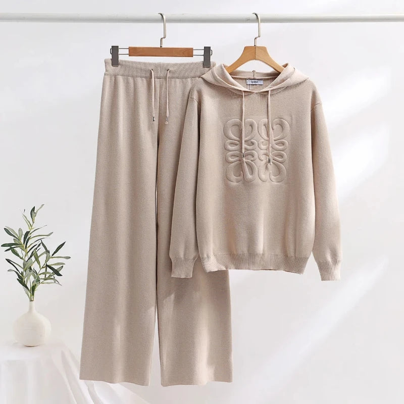 Beige premium knit hoodie and matching wide-leg pants co-ord set