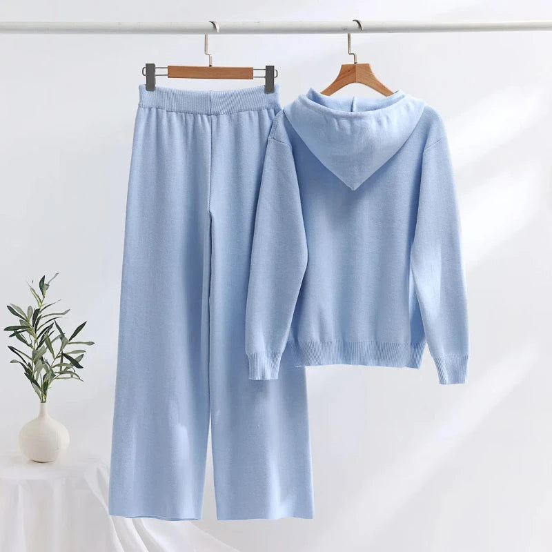 Back view of light blue knit hoodie and matching wide-leg pants
