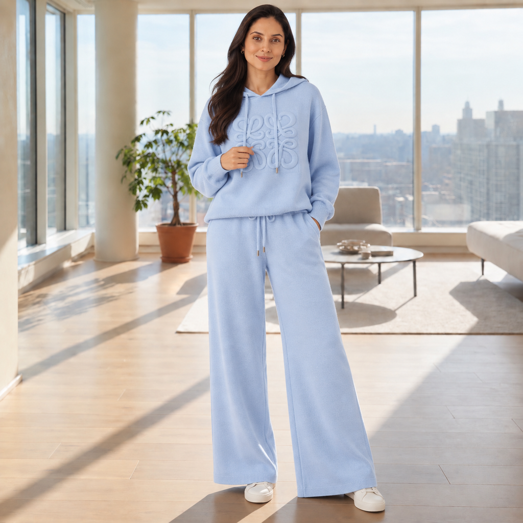 Woman wearing a light blue embossed knit hoodie co-ord set with wide-leg pants