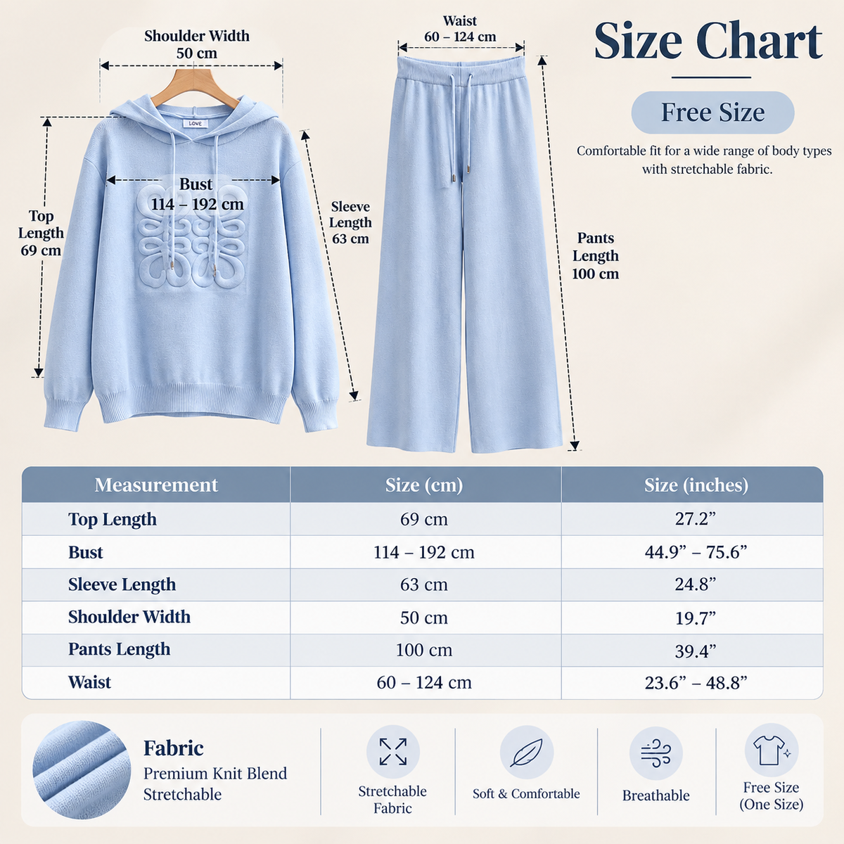 Free size embossed knit hoodie co-ord set size chart with top and pants measurements