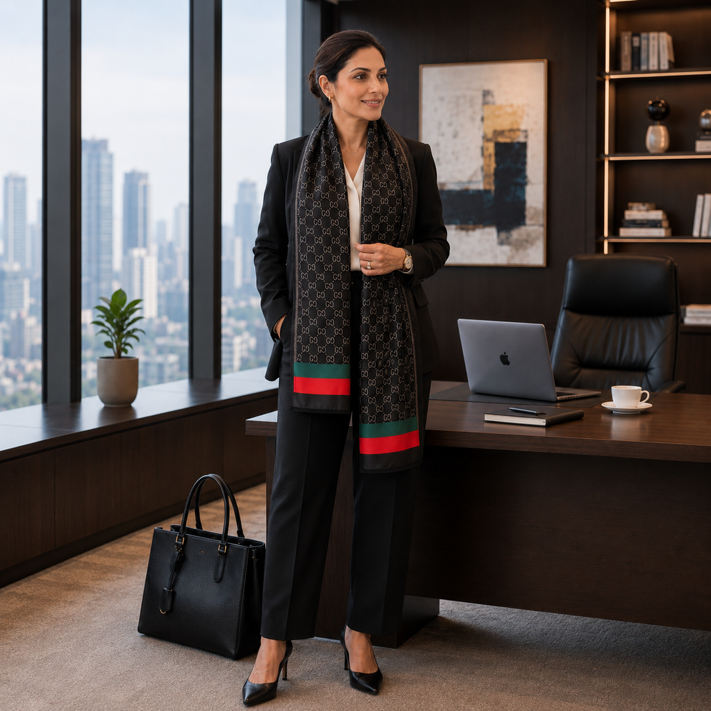 Sophisticated Indian professional wearing the Luxury Monogram Printed Silk Stole with a tailored black blazer in a modern executive office. The black silk stole showcases a refined white monogram pattern and distinctive green and red border detailing.