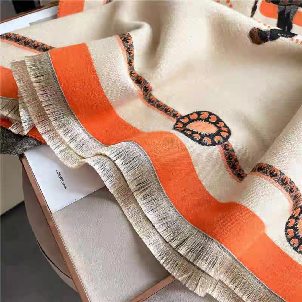  Elegant border detailing on oversized faux cashmere horse print shawl by Westery.