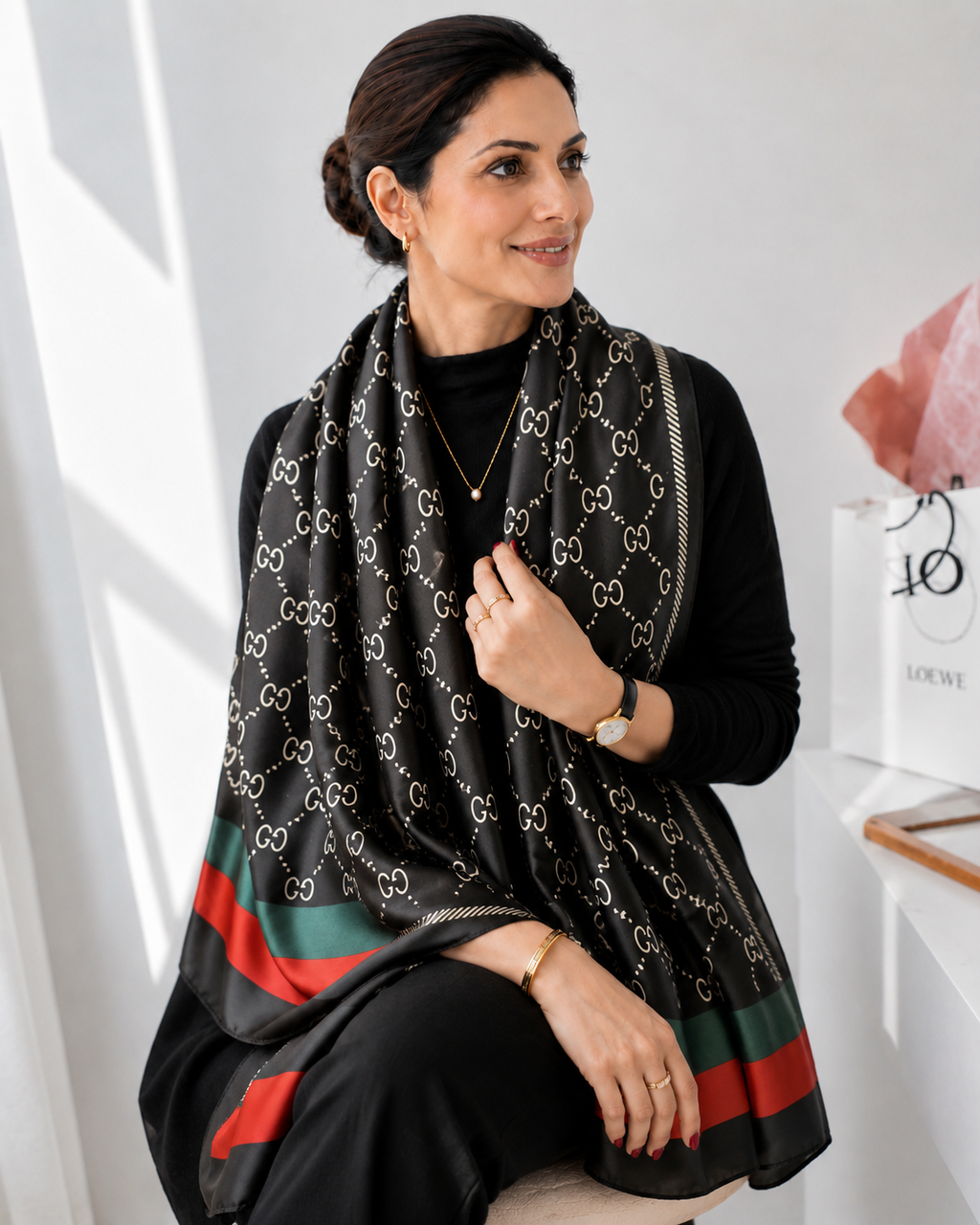 Woman wearing a black patterned scarf with red and green accents, sitting indoors.