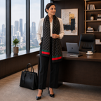 Mature Indian woman styling the Luxury Monogram Printed Silk Stole in an elegant office setting. The black satin silk stole features an all-over white monogram print with signature emerald green and red striped borders, paired with a white blouse and tailored black trousers.