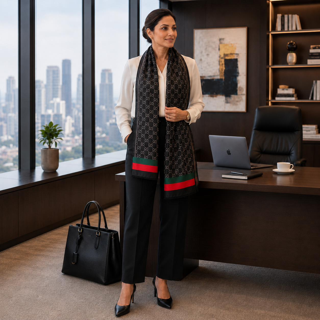 Mature Indian woman styling the Luxury Monogram Printed Silk Stole in an elegant office setting. The black satin silk stole features an all-over white monogram print with signature emerald green and red striped borders, paired with a white blouse and tailored black trousers.
