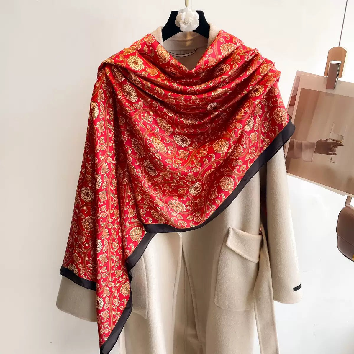 The Maharani Rouge Silk Stole showing deep rouge red imitation satin silk in 180x90cm format with smooth light-catching finish ideal for Indian festive and wedding wear
