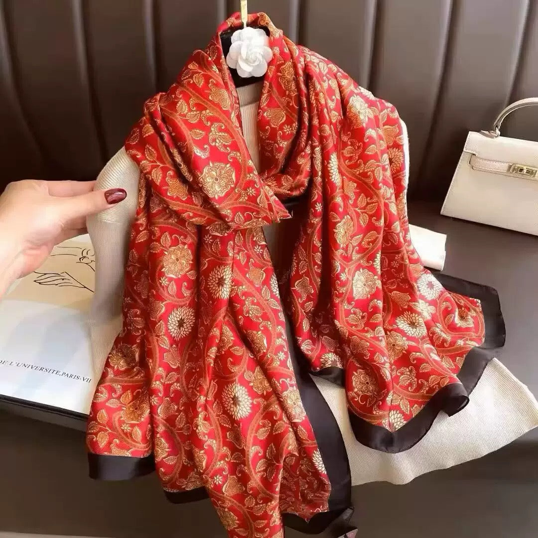 The Maharani Rouge Silk Stole draped and styled showing rich deep rouge satin silk finish for wedding festive and occasion wear

