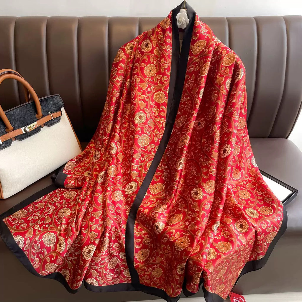 The Maharani Rouge Silk Stole laid flat displaying full deep rouge imitation silk fabric with satin sheen and rich jewel-like red tones
