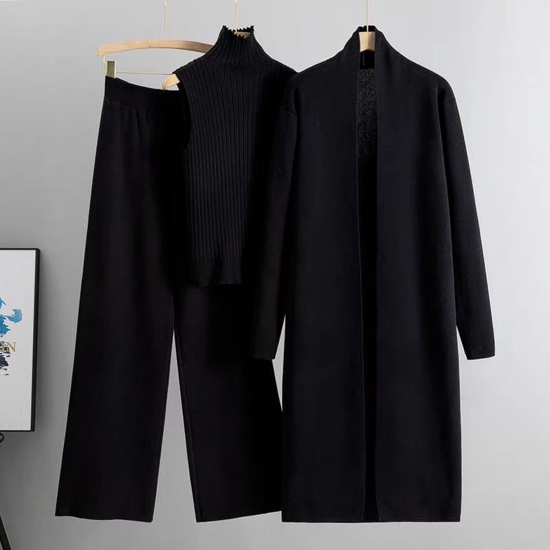 Black 3-piece knit co-ord set laid flat showing top, pants, and cardigan
