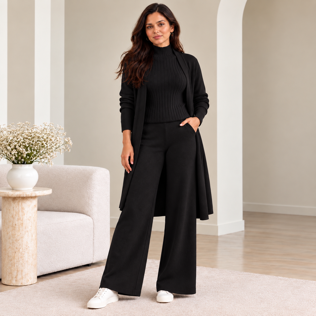 Woman wearing black 3-piece knit co-ord set with longline cardigan and wide-leg pants