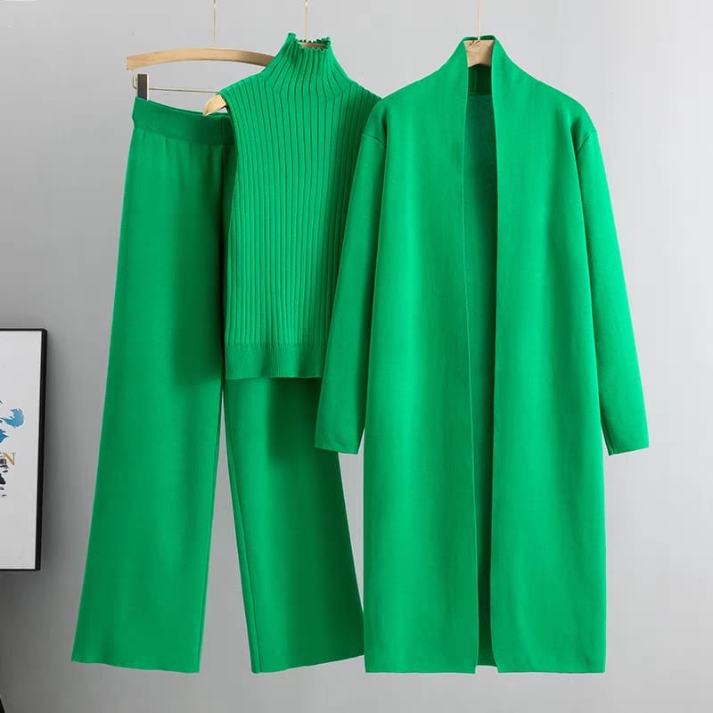 Green 3-piece knit co-ord set laid flat showing top, pants, and cardigan
