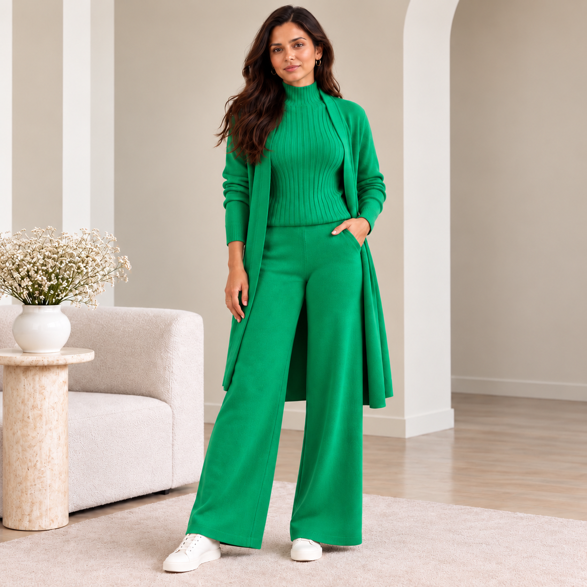 Woman wearing green 3-piece knit co-ord set with longline cardigan and wide-leg pants