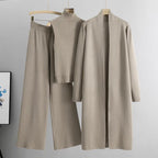 Taupe 3-piece knit co-ord set laid flat showing top, pants, and cardigan