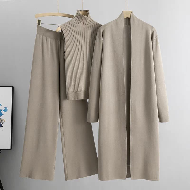 Taupe 3-piece knit co-ord set laid flat showing top, pants, and cardigan