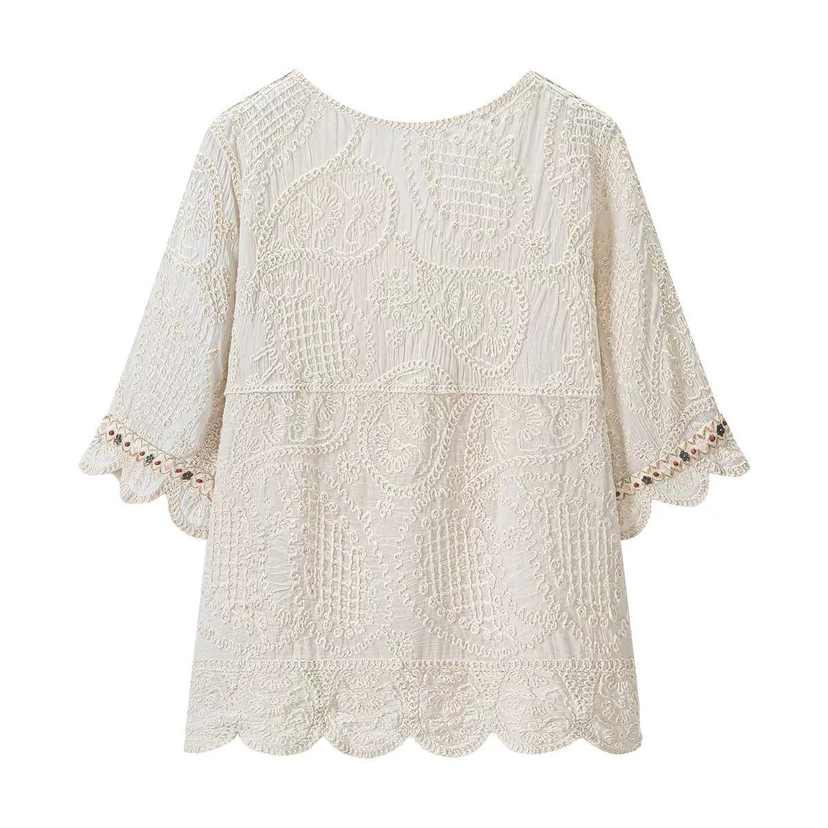 Marisol Boho Embroidered Top in ivory, flat lay back view