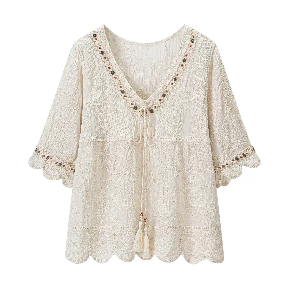 Marisol Boho Embroidered Top in ivory, flat lay front view
