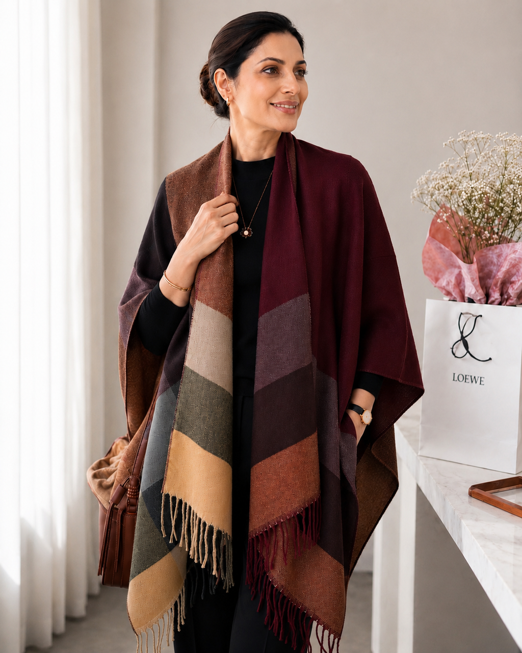 The Merlot Mosaic Cashmere Cape showing rich deep wine red merlot mosaic geometric pattern on soft faux cashmere fabric in 170x135cm cape format
