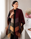 The Merlot Mosaic Cashmere Cape showing rich deep wine red merlot mosaic geometric pattern on soft faux cashmere fabric in 170x135cm cape format
