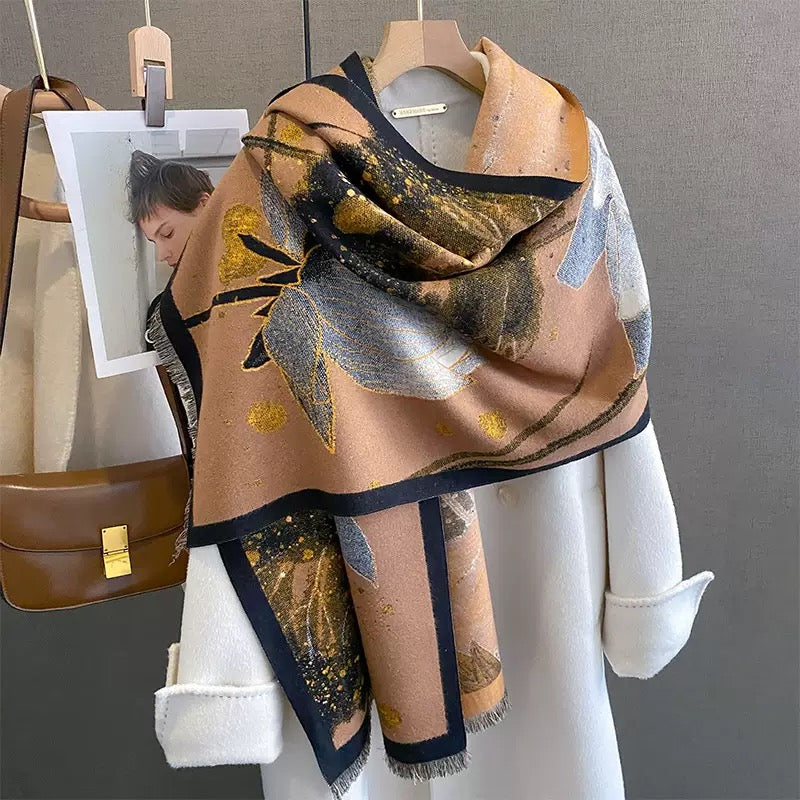 Midnight Amber Black Shawl draped and styled showing full amber gold botanical print on black faux cashmere fabric
