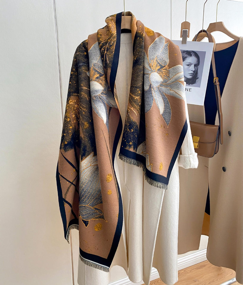 Midnight Amber Black Shawl for Women showing deep black faux cashmere with warm amber and gold leaf botanical print
