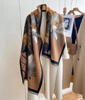 Midnight Amber Black Shawl for Women showing deep black faux cashmere with warm amber and gold leaf botanical print
