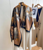 Midnight Amber Black Shawl for Women showing deep black faux cashmere with warm amber and gold leaf botanical print
