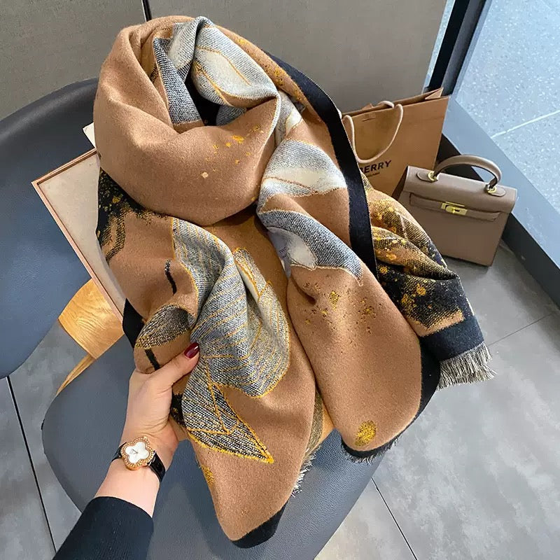 Midnight Amber Black Shawl styled showing amber gold leaf botanical motif detail against deep black faux cashmere
