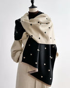 The Midnight Hearts Cashmere Wrap draped and styled showing full midnight heart design on deep dark premium faux cashmere
