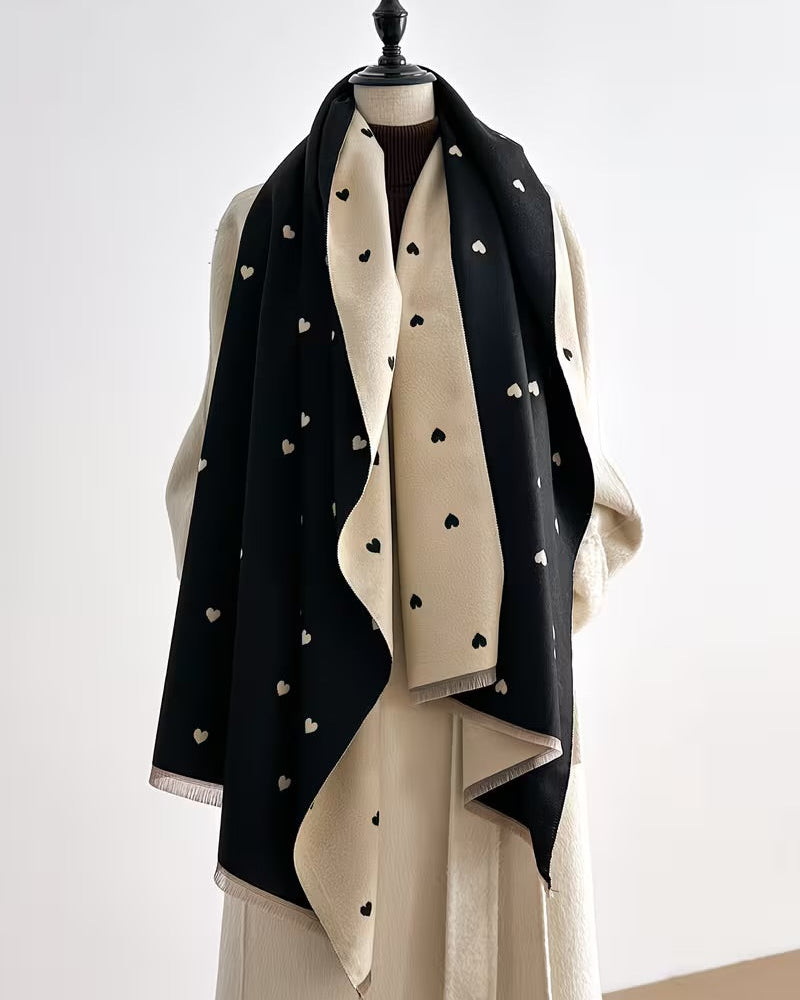 The Midnight Hearts Cashmere Wrap showing deep sophisticated midnight heart motif print on soft faux cashmere fabric in 185x65cm wrap format
