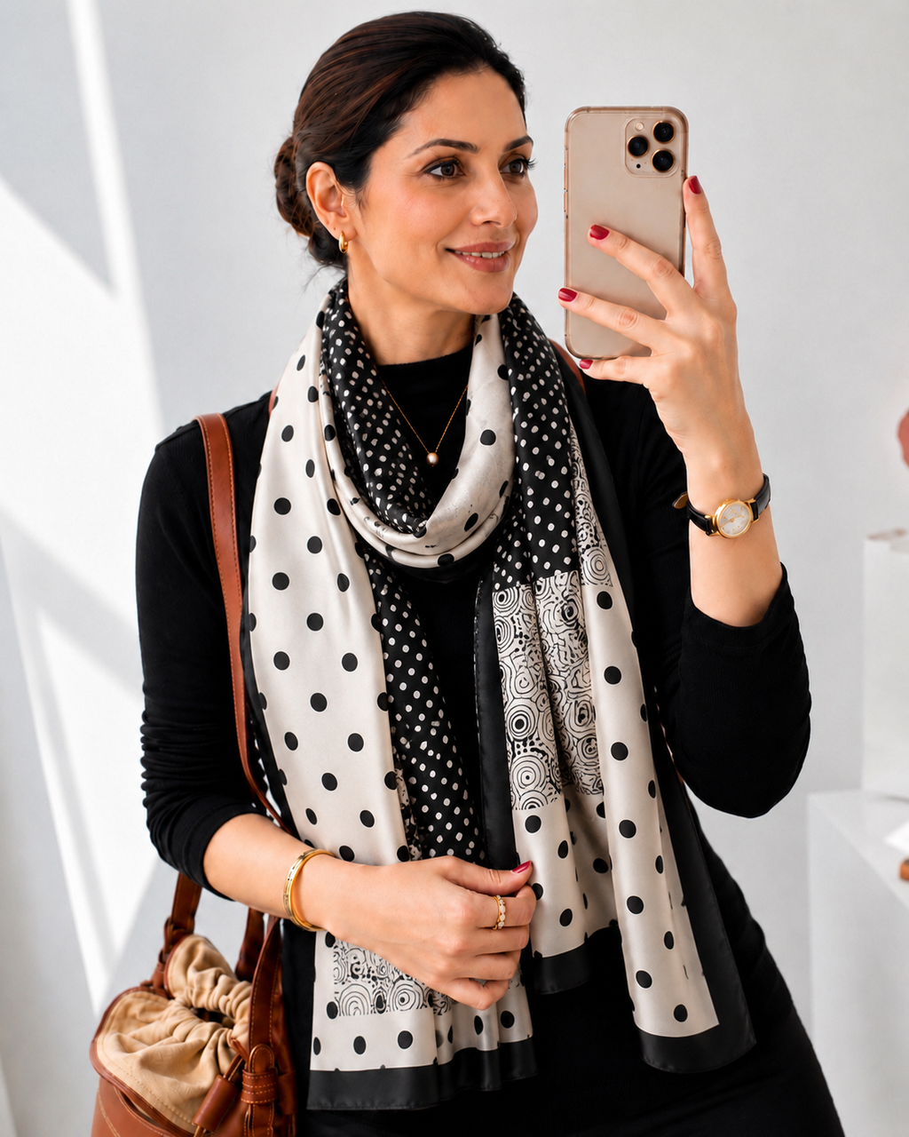 Midnight Polka Luxe Silk Stole looped around neck showing contrasting black and cream polka dot colorblock design
