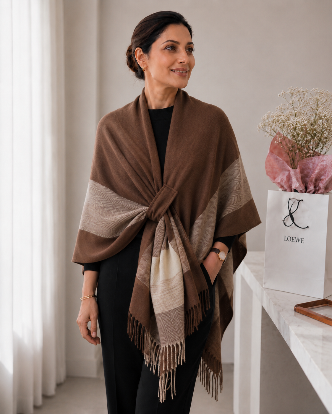 The Mocha Herringbone Cashmere Cape showing classic herringbone weave pattern in warm mocha coffee-brown and cream tones on soft faux cashmere in 170x135cm cape format
