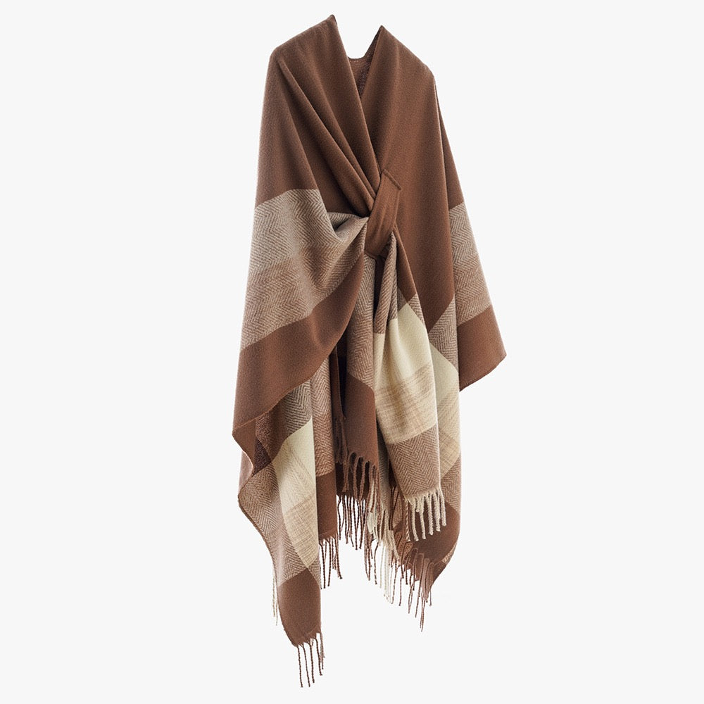 The Mocha Herringbone Cashmere Cape worn open-front showing full herringbone weave pattern on warm mocha faux cashmere in structured cape silhouette
