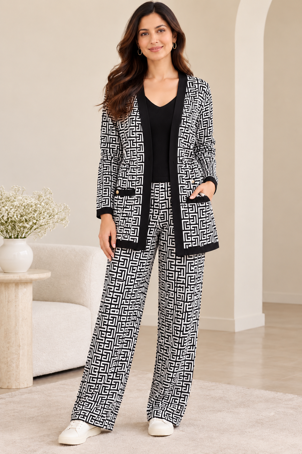 Moir black 3-piece knit co-ord set with inner top, open-front jacket and wide-leg trousers
