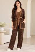 Moir chocolate brown 3-piece knit co-ord set with inner top, open-front jacket and wide-leg trousers