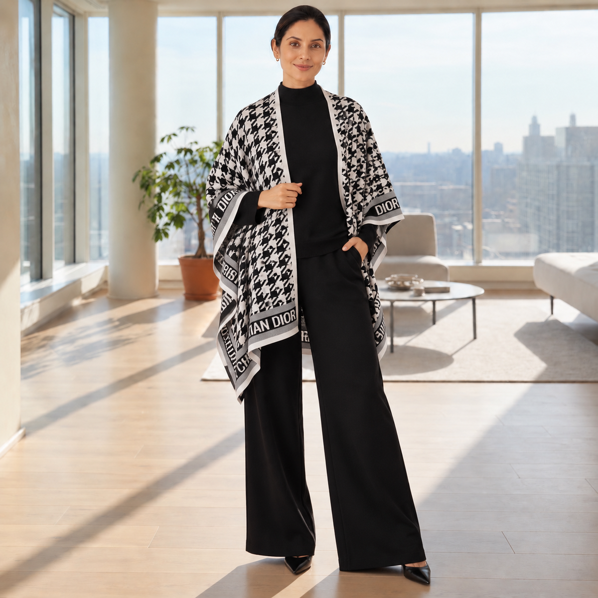 Woman wearing a black knit co-ord set with houndstooth statement wrap