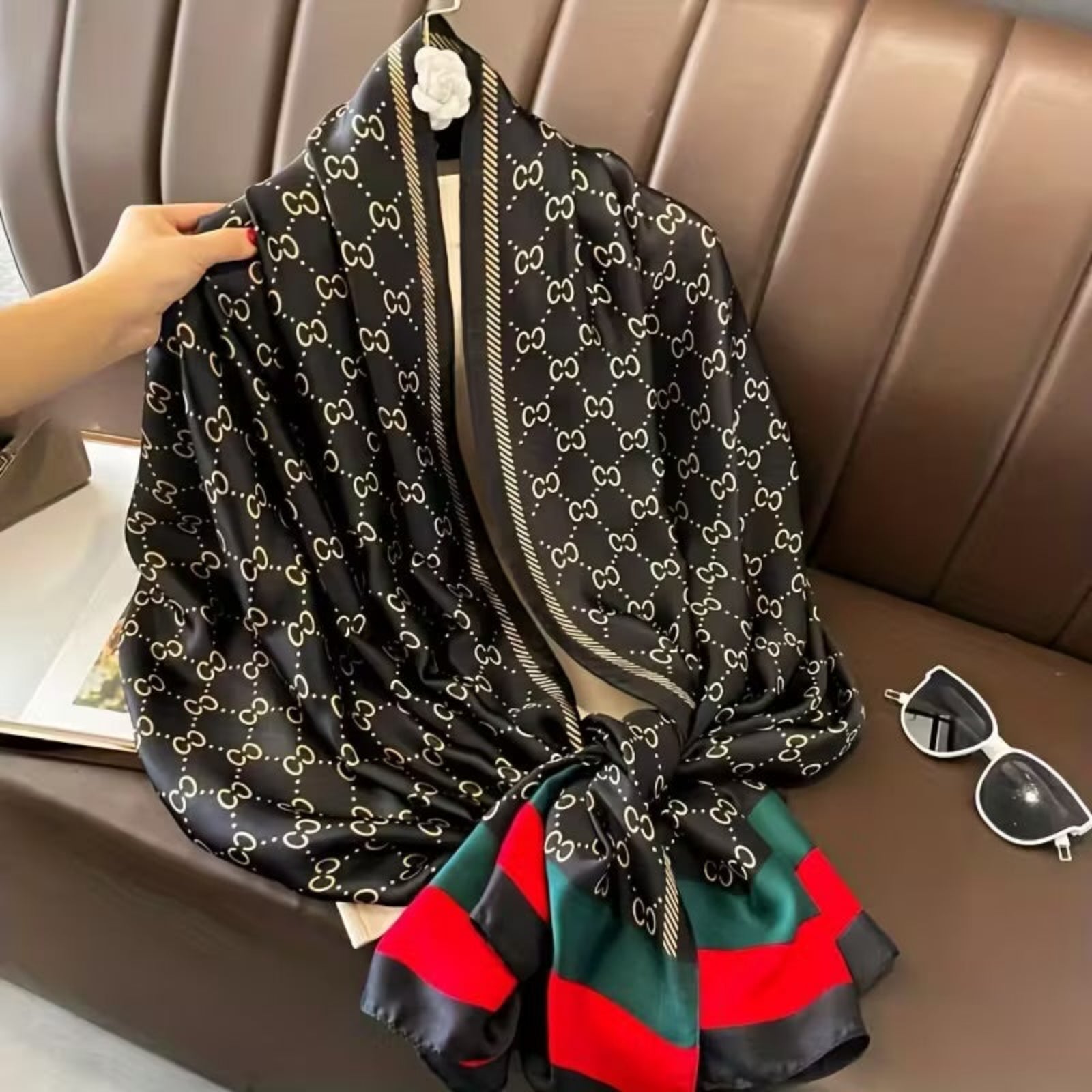 luxury black silk stole with designer monogram print and statement border
